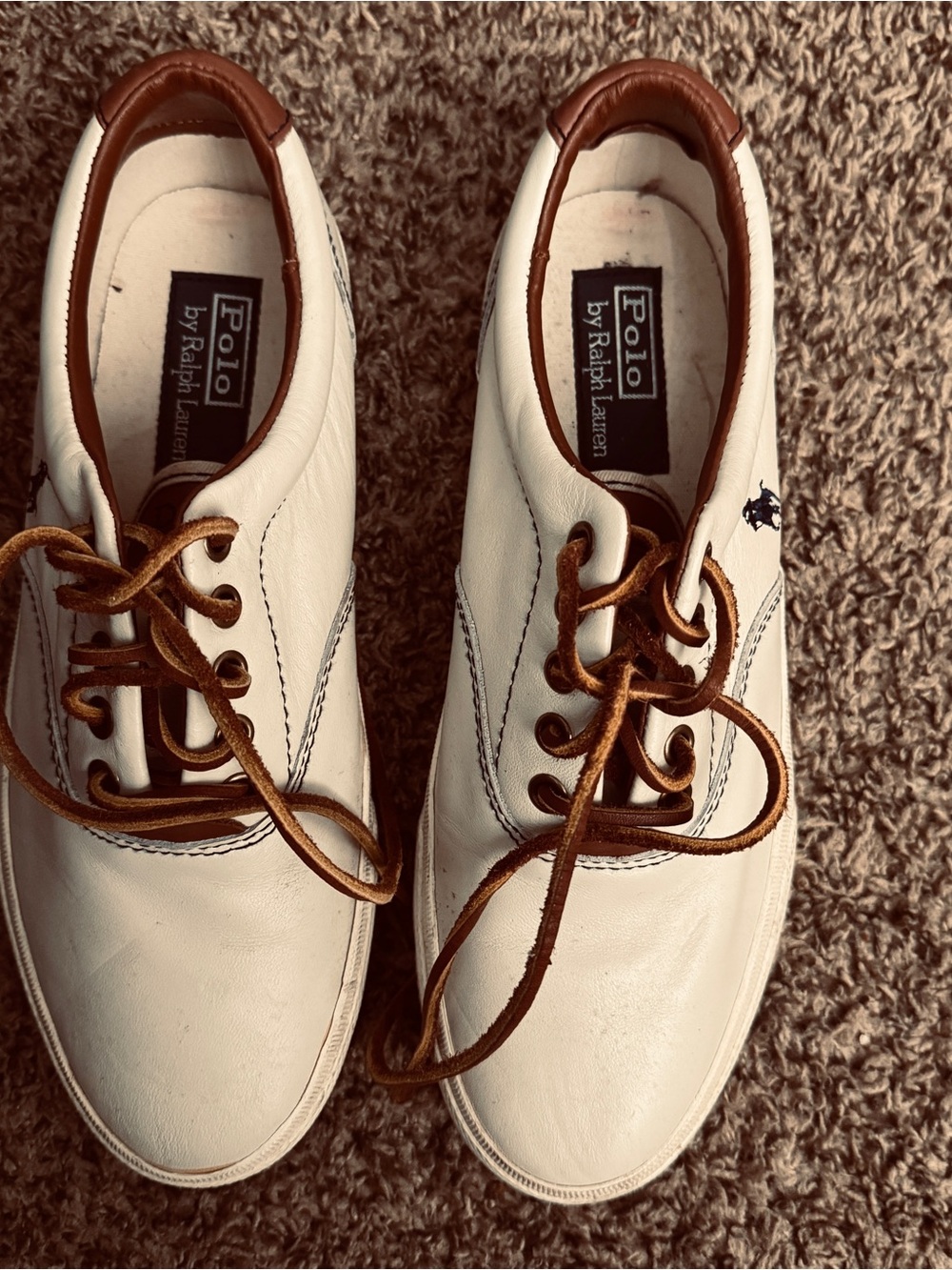 Ralph Lauren White Leather Boat Shoes with Brown Trim